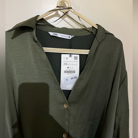 NEW Zara Belted Satin Shirt Dress XS Olive Green With Tag - Picture 4 of 6